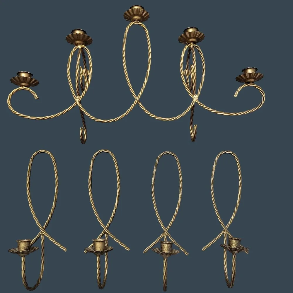 Vintage MCM Wall Candle Holder & Sconce Set Gold Tone Gilt Metal Rope Twisted